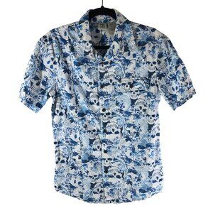 725 Originals Mens Hawaiian Shirt Skull Palm Tree Print Cotton Blue White S